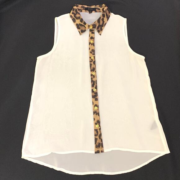 Mine Sheer Womens Blouse Medium Cream Leopard Trim Button Front Feminine Glam - Picture 1 of 9